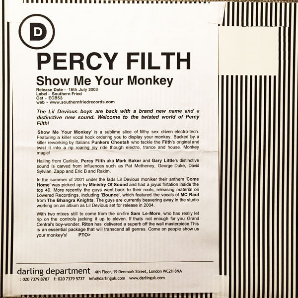 Percy Filth : Show Me Your Monkey (12", Promo)