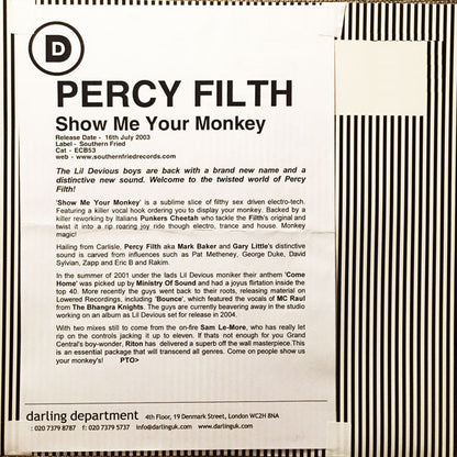 Percy Filth : Show Me Your Monkey (12", Promo)