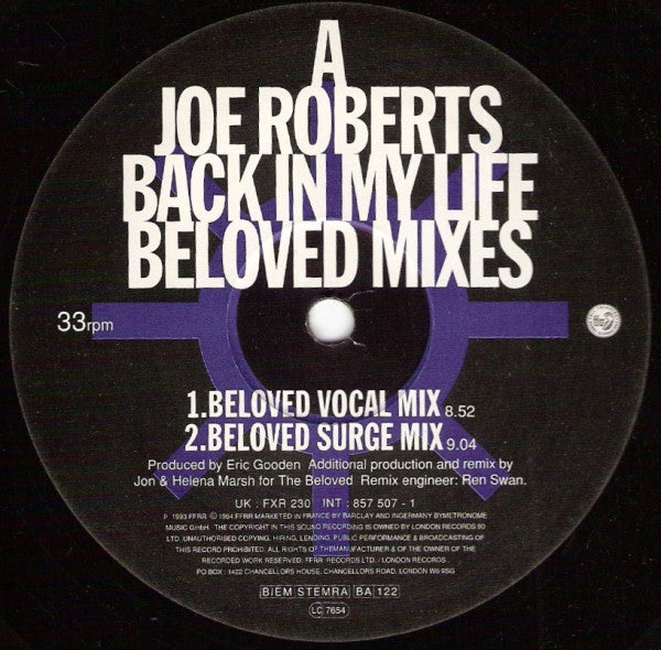 Joe Roberts : Back In My Life (The Beloved And Sweet Mercy Mixes) (12")