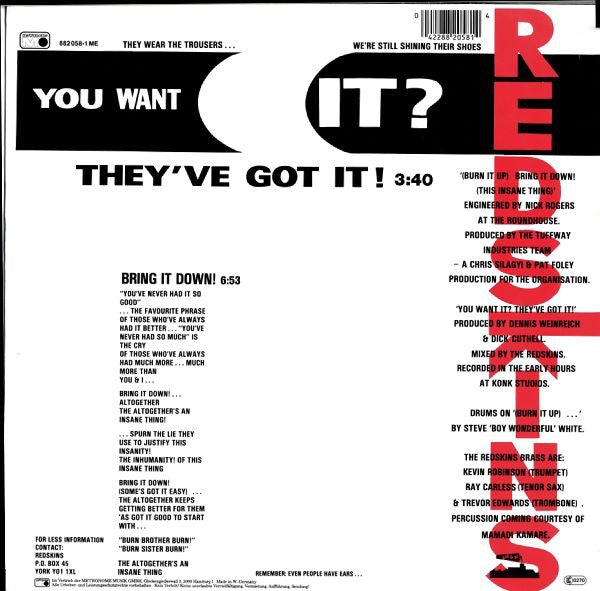 Redskins : Bring It Down (This Insane Thing) (12", Maxi)