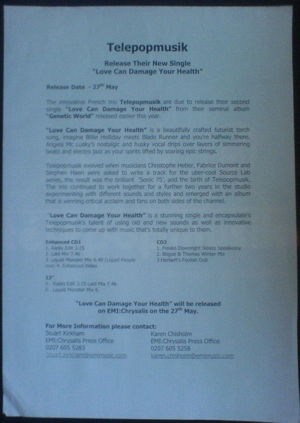 Télépopmusik : Love Can Damage Your Health (12", Promo)