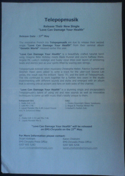 Télépopmusik : Love Can Damage Your Health (12", Promo)