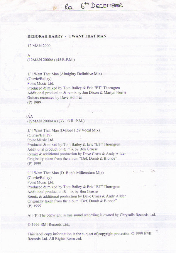 Deborah Harry : I Want That Man (12", W/Lbl)