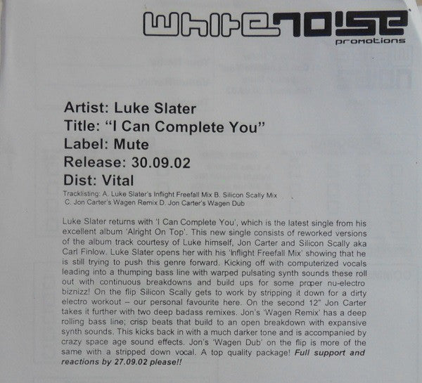 Luke Slater : I Can Complete You (2x12", Single, Promo, W/Lbl)