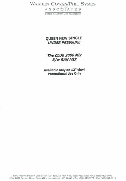 Queen + David Bowie : Under Pressure (12", Promo, W/Lbl)