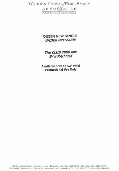 Queen + David Bowie : Under Pressure (12", Promo, W/Lbl)