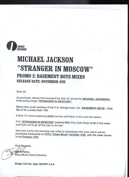 Michael Jackson : Stranger In Moscow (Basement Boys Remixes) (12", Promo)
