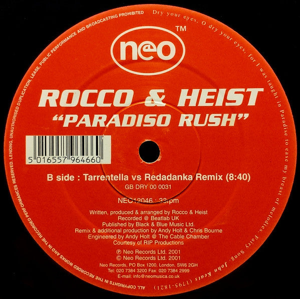 Rocco & Heist : Paradiso Rush (12")