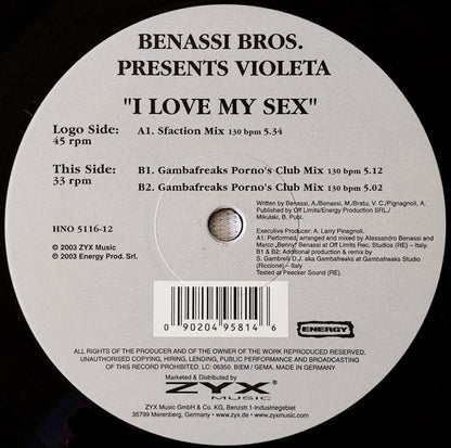Benassi Bros. Presents. Violeta : I Love My Sex (12")