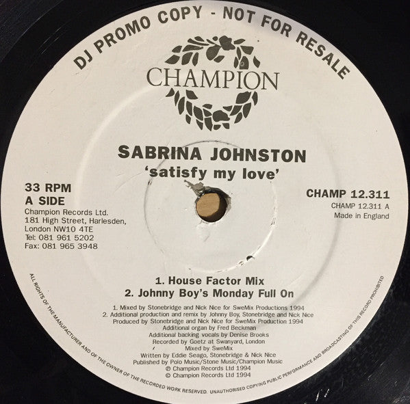 Sabrina Johnston : Satisfy My Love (12", Promo)