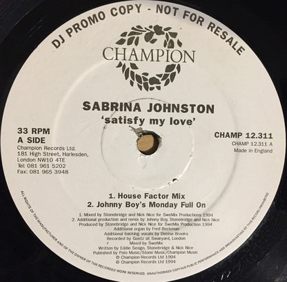 Sabrina Johnston : Satisfy My Love (12", Promo)