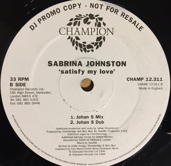 Sabrina Johnston : Satisfy My Love (12", Promo)