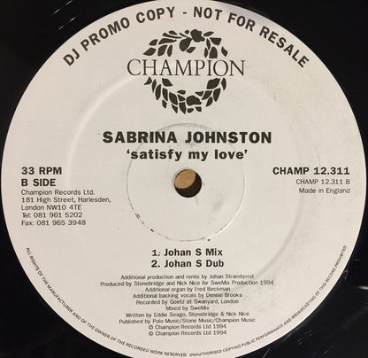 Sabrina Johnston : Satisfy My Love (12", Promo)