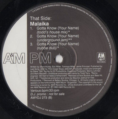 Malaika : Gotta Know (Your Name) (12", Single, Promo)