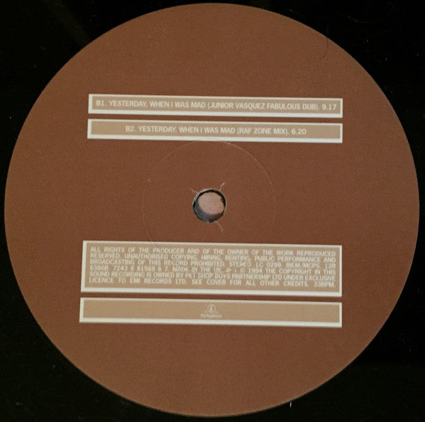 Pet Shop Boys : Yesterday, When I Was Mad (12", Single)
