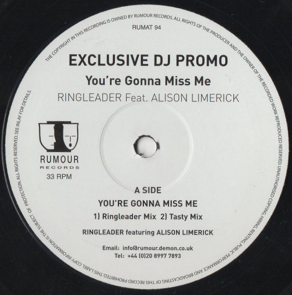 Ringleader (2) Feat. Alison Limerick : You're Gonna Miss Me (12", Promo)