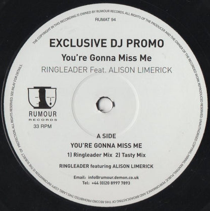 Ringleader (2) Feat. Alison Limerick : You're Gonna Miss Me (12", Promo)