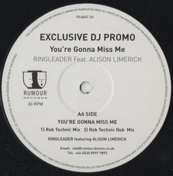 Ringleader (2) Feat. Alison Limerick : You're Gonna Miss Me (12", Promo)
