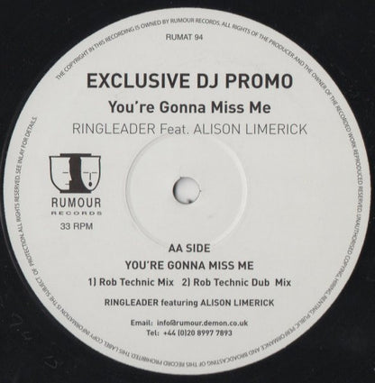 Ringleader (2) Feat. Alison Limerick : You're Gonna Miss Me (12", Promo)