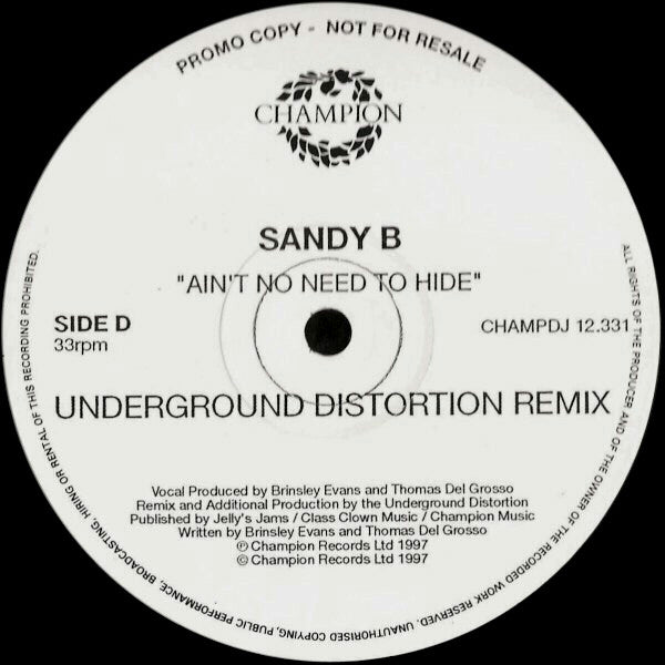 Sandy B : Ain't No Need To Hide (3x12", Promo)