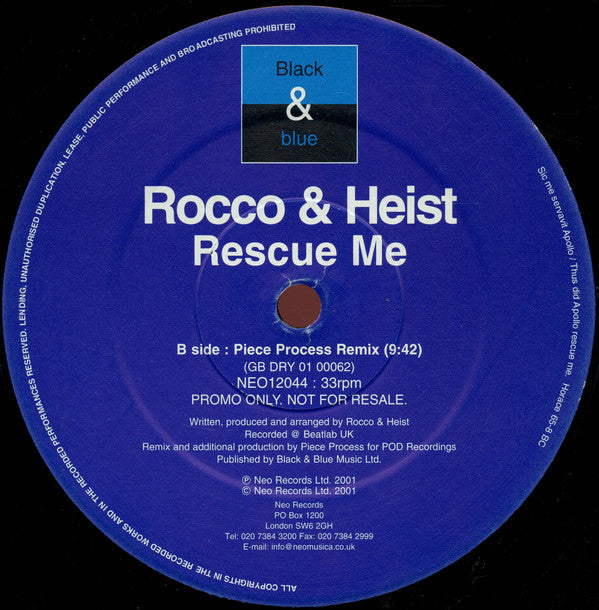 Rocco & Heist : Rescue Me (12", Promo)