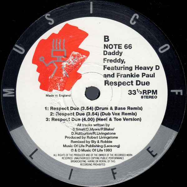 Daddy Freddy Featuring Heavy D & Frankie Paul : Respect Due (The Sly & Robbie Remixes) (12")