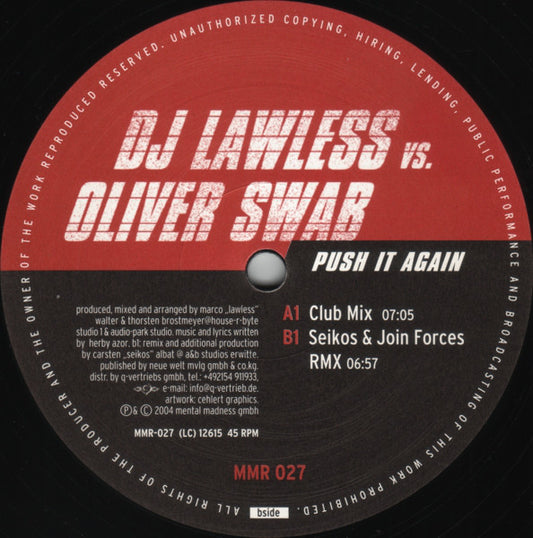 DJ Lawless Vs. Oliver Swab : Push It Again (12")