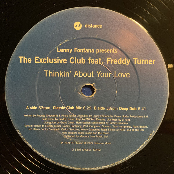 Lenny Fontana Presents The Exclusive Club Feat. Freddy Turner : Thinkin' About Your Love (12", Promo)