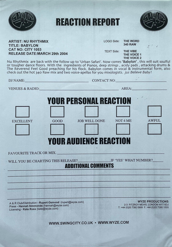Nu Rhythmix : Babylon (12")