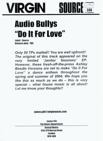 Audio Bullys : Do It For Love (Ashley Beedle Versions) (12", Promo, W/Lbl)