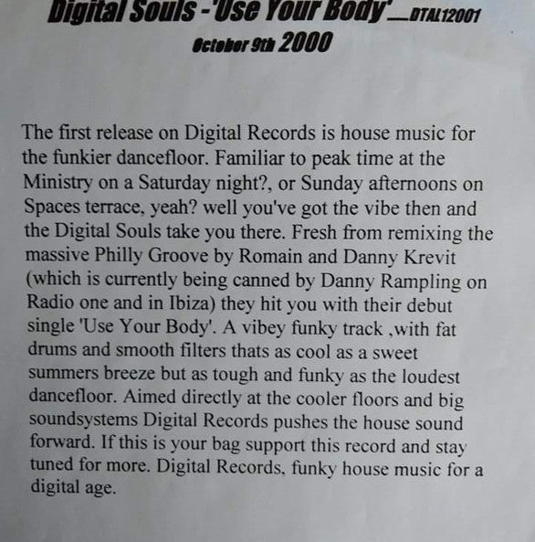 Digital Souls : Use Your Body (12")