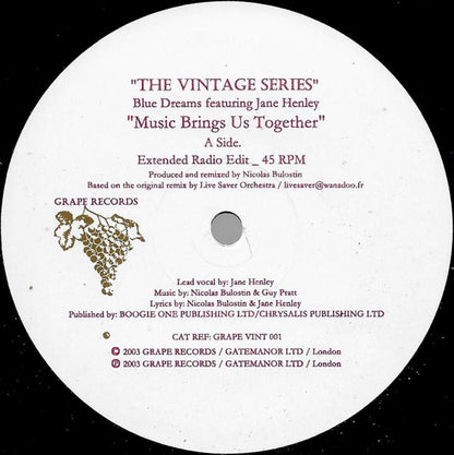 Blue Dreams Featuring Jane Henley : Music Brings Us Together (12")