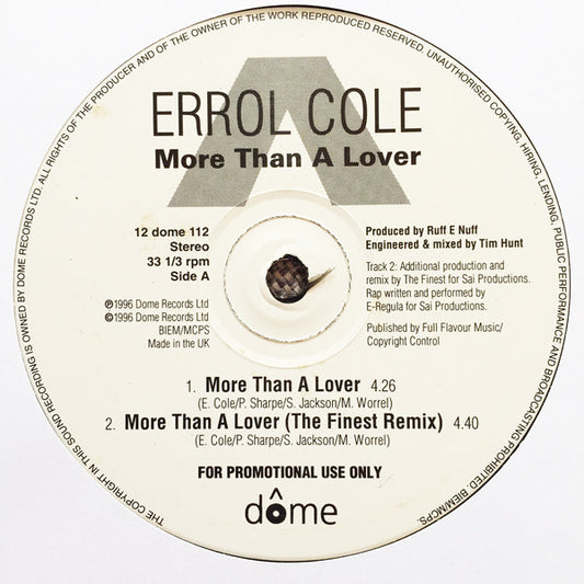 Errol Cole : More Than A Lover (12", Promo)