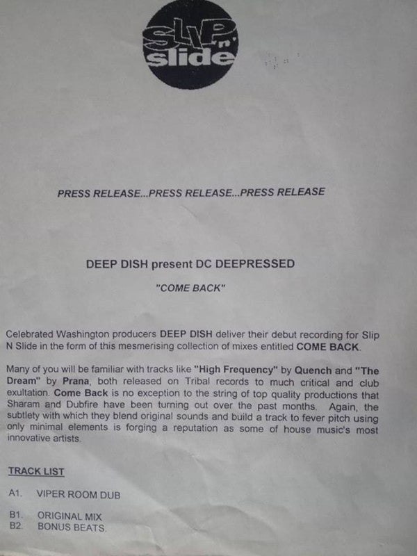 Deep Dish Present DC Deepressed : Come Back (12", Promo, Sta)