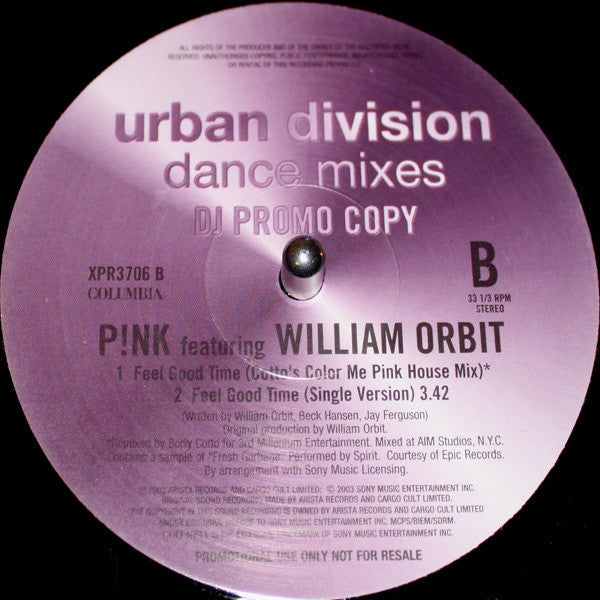 P!NK Featuring William Orbit : Feel Good Time (12", Promo)
