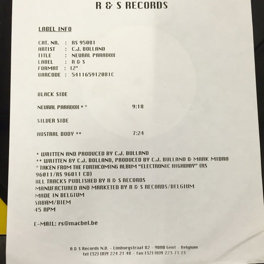 CJ Bolland : Neural Paradox (12", W/Lbl)