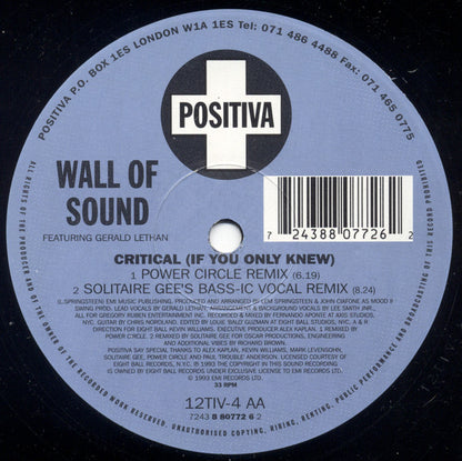 Wall Of Sound Featuring Gerald Latham : Critical (If You Only Knew) (12")