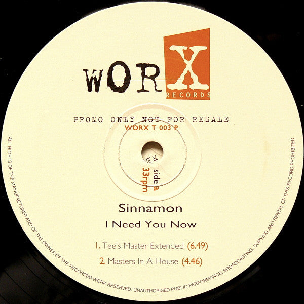 Sinnamon : I Need You Now (2x12", Promo)