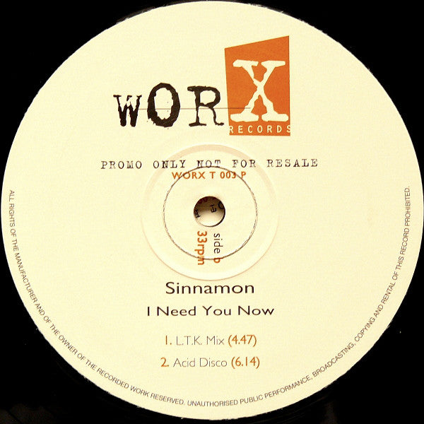 Sinnamon : I Need You Now (2x12", Promo)