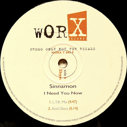 Sinnamon : I Need You Now (2x12", Promo)