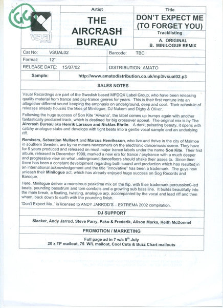 The Aircrash Bureau : Don't Expect Me (To Forget You) (12", Promo, W/Lbl)