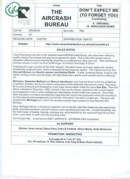 The Aircrash Bureau : Don't Expect Me (To Forget You) (12", Promo, W/Lbl)