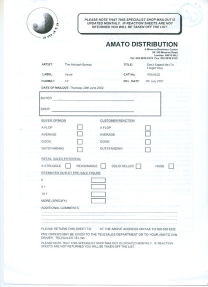 The Aircrash Bureau : Don't Expect Me (To Forget You) (12", Promo, W/Lbl)