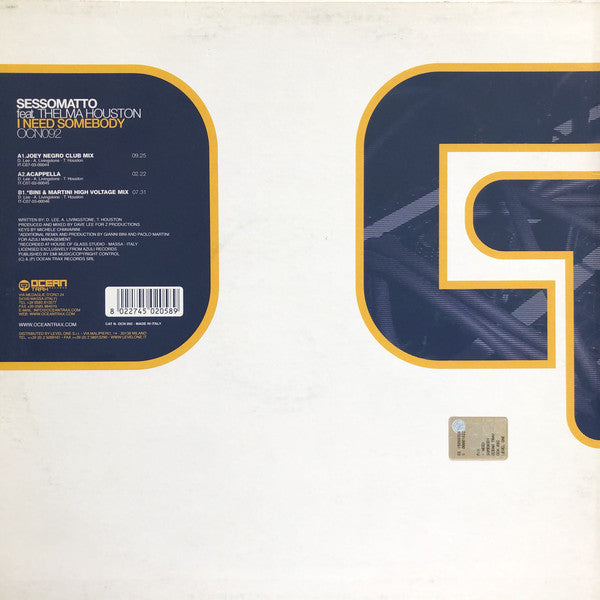 Sessomatto Feat. Thelma Houston : I Need Somebody (12")