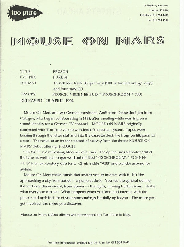 Mouse On Mars : Frosch (12")
