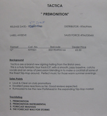 Tactica : Premonition (12", Promo, W/Lbl)