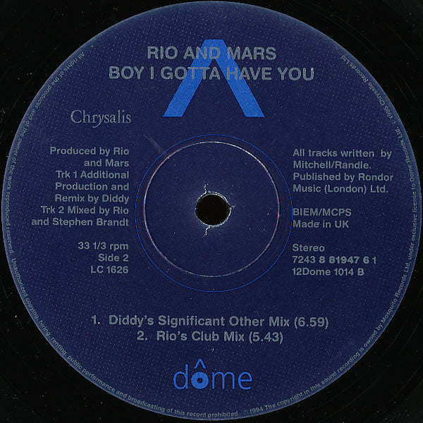 Rio & Mars : Boy I Gotta Have You (12")