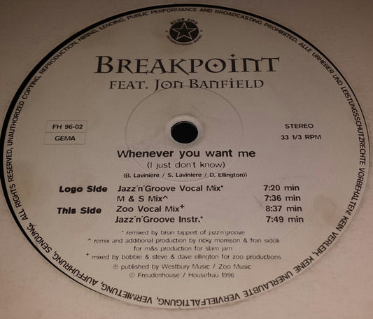 Break Point Feat. Jon Banfield : Whenever You Want Me (I Just Don't Know) (12")