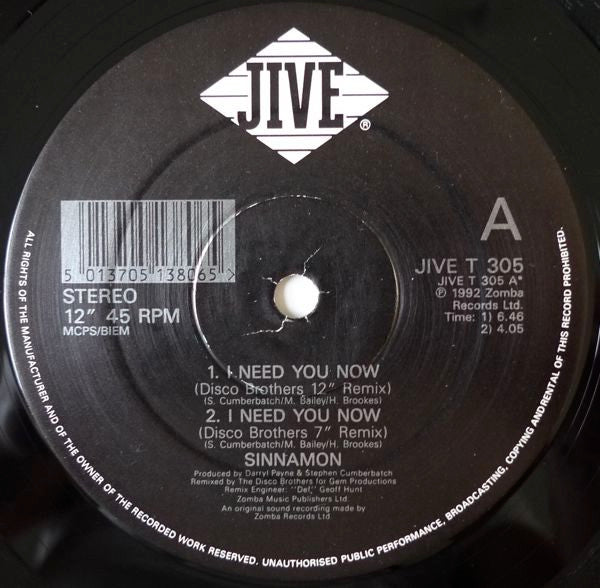 Sinnamon : I Need You Now (12")