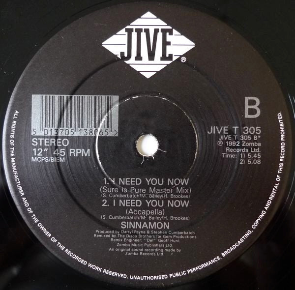 Sinnamon : I Need You Now (12")